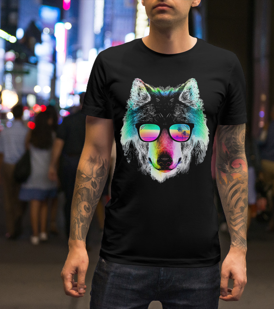 Wolf With Rainbow Sunglasses And Palm Tree Reflection T-Shirt