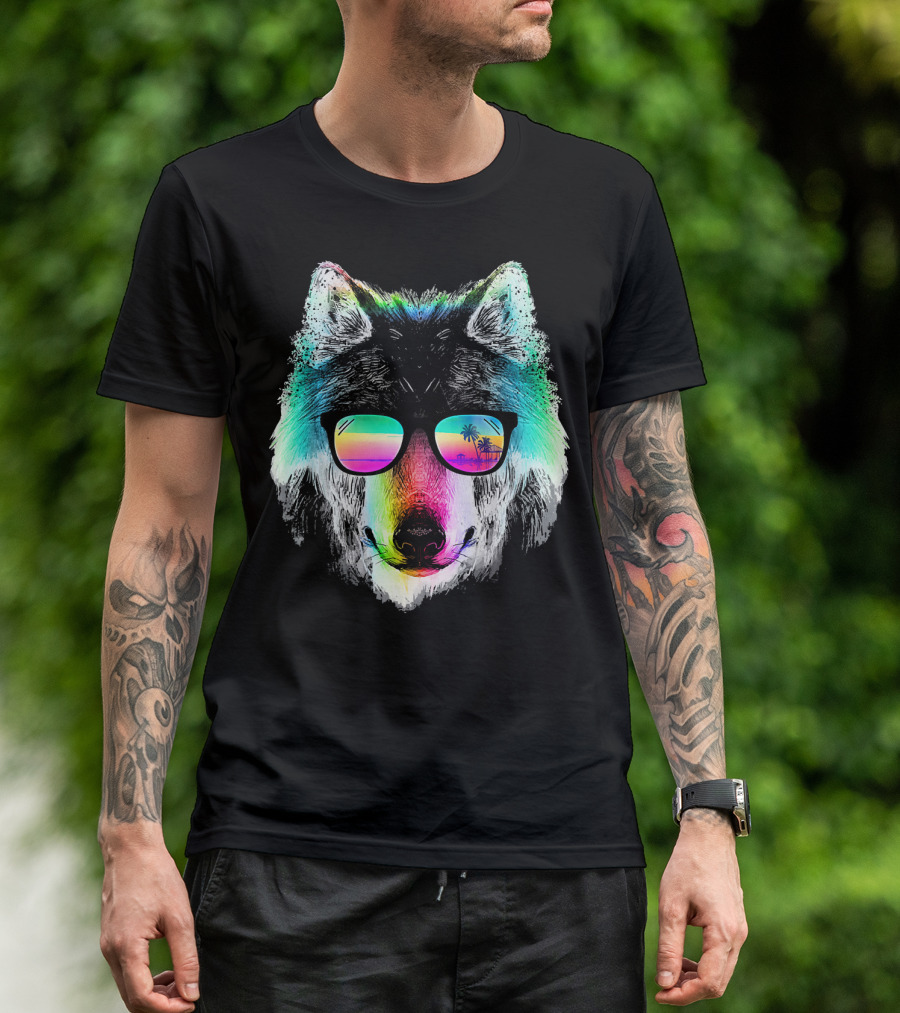 Wolf With Rainbow Sunglasses And Palm Tree Reflection T-Shirt
