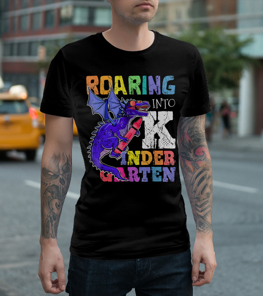 Roaring Into Kindergarten Dragon Holding Crayon T-Shirt