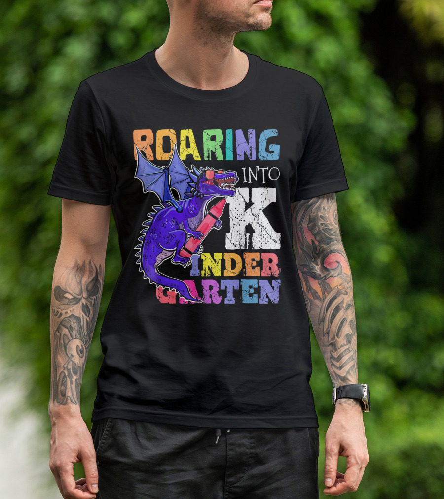 Roaring Into Kindergarten Dragon Holding Crayon T-Shirt