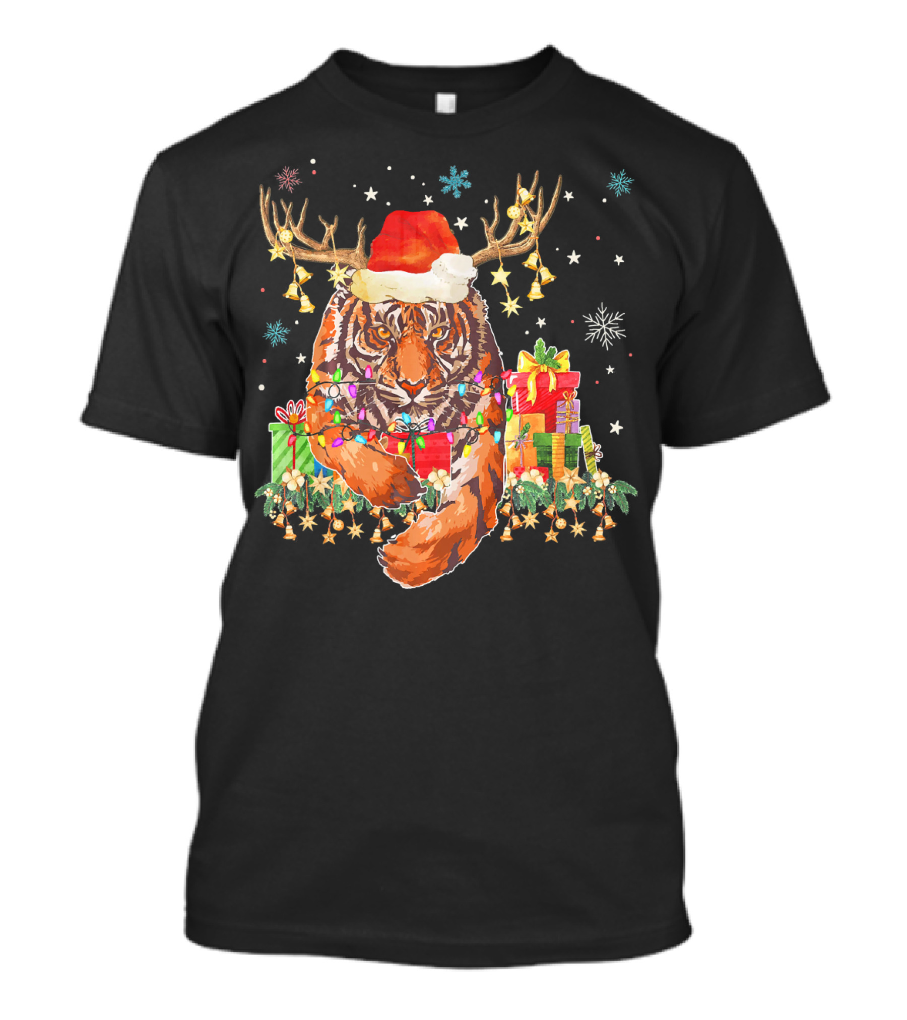 Tiger Reindeer Christmas Decorations Santa Hat Lights Gifts Snowflakes T-Shirt