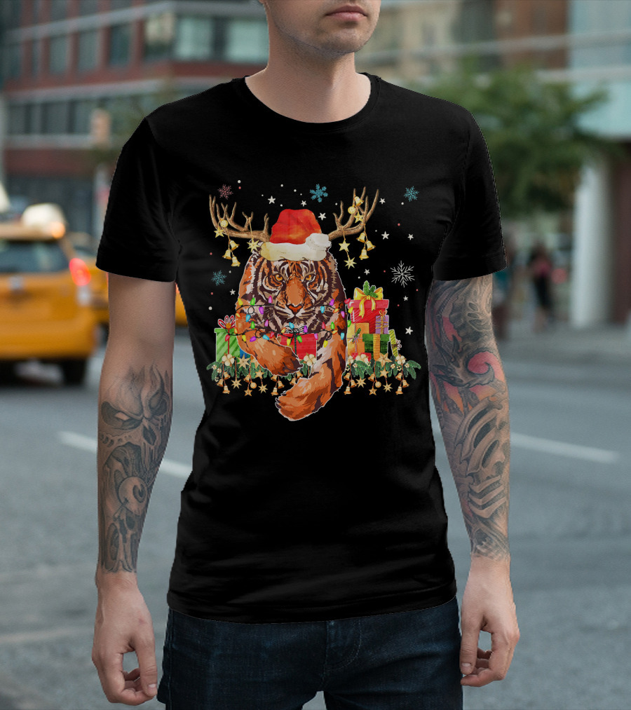 Tiger Reindeer Christmas Decorations Santa Hat Lights Gifts Snowflakes T-Shirt