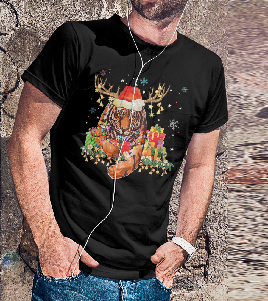 Tiger Reindeer Christmas Decorations Santa Hat Lights Gifts Snowflakes T-Shirt
