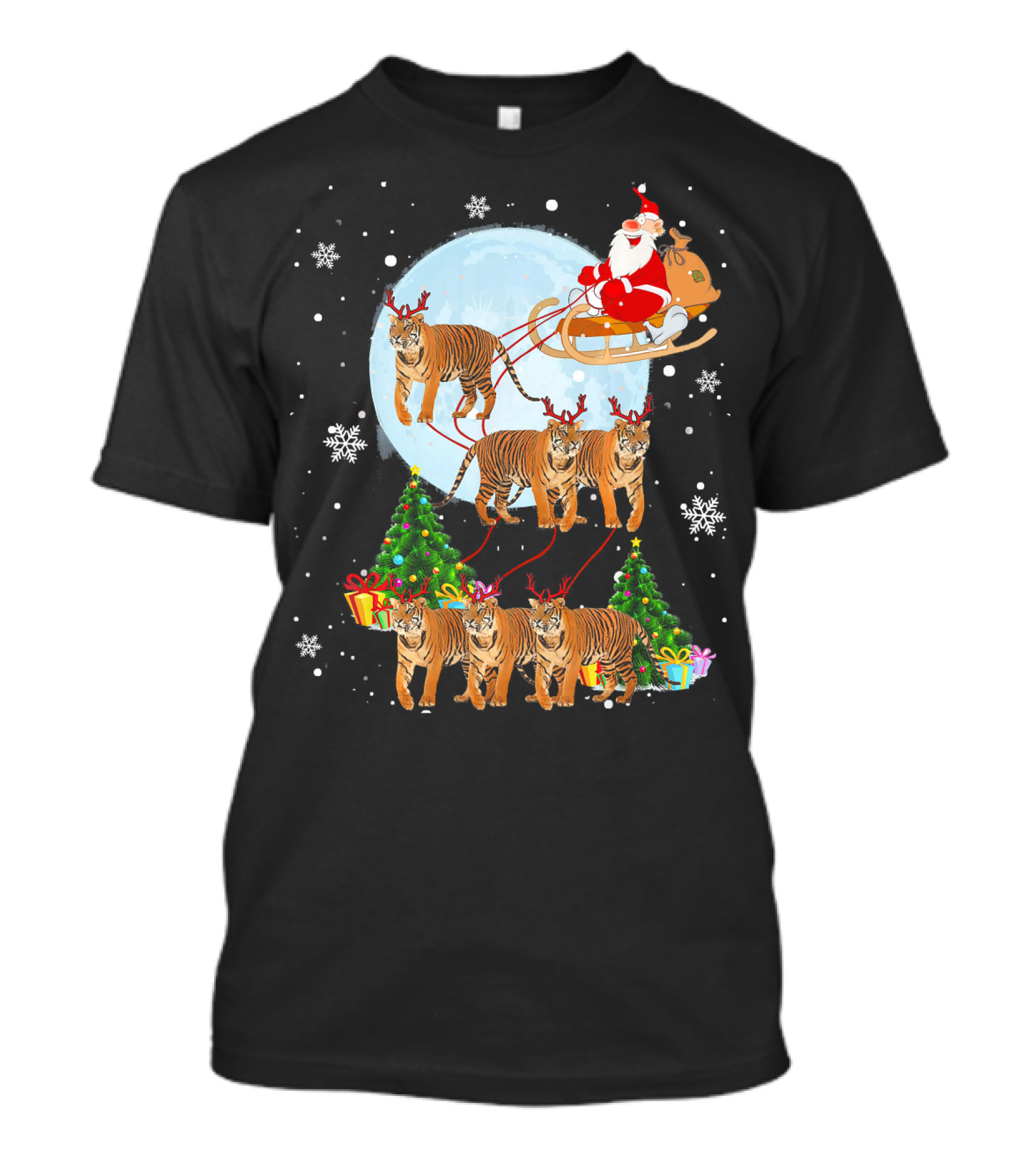 Santa Sleigh With Reindeer Antler Tigers Christmas Funny Tiger Love T-Shirt