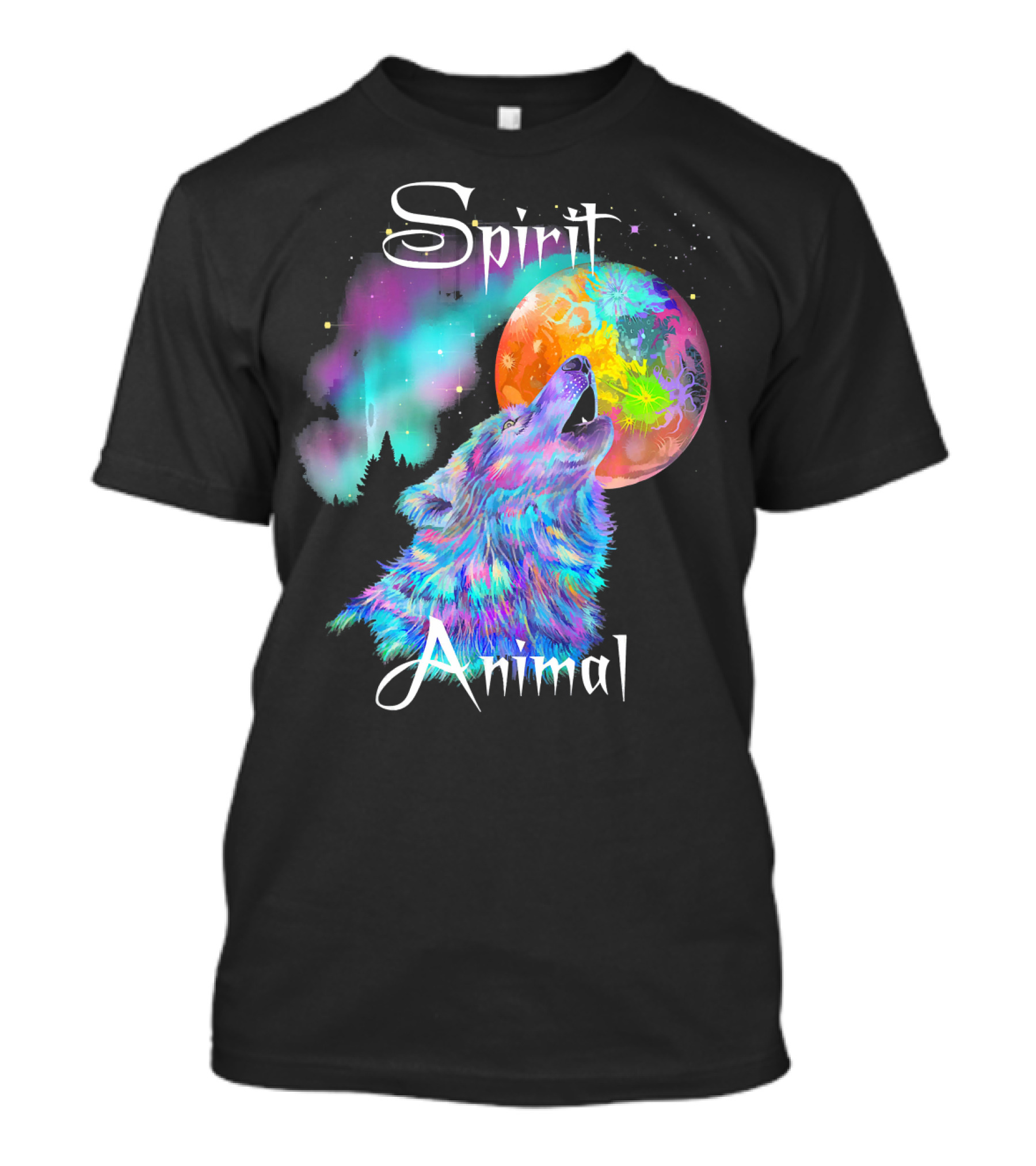 Spirit Animal Colorful Wolf Howling At Moon With Northern Lights Aura T-Shirt
