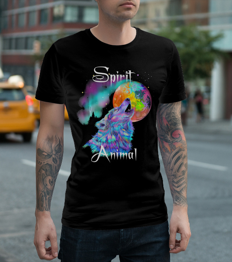 Spirit Animal Colorful Wolf Howling At Moon With Northern Lights Aura T-Shirt