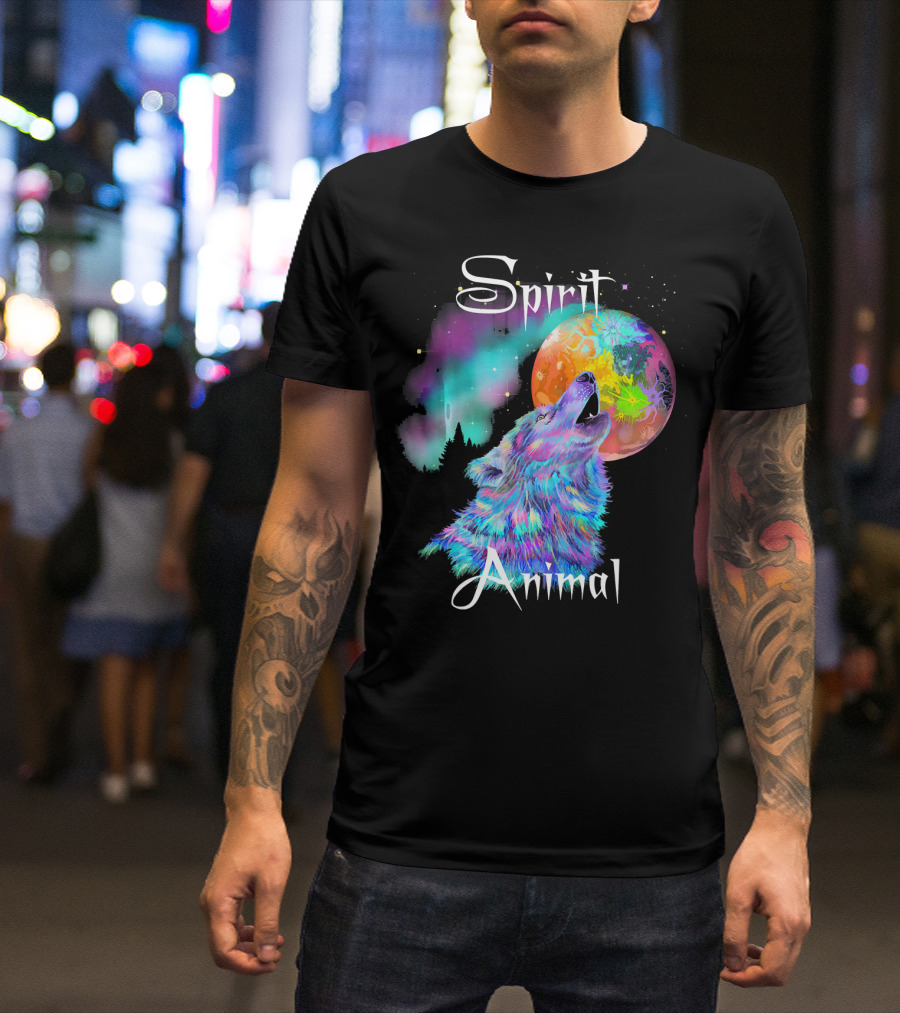 Spirit Animal Colorful Wolf Howling At Moon With Northern Lights Aura T-Shirt