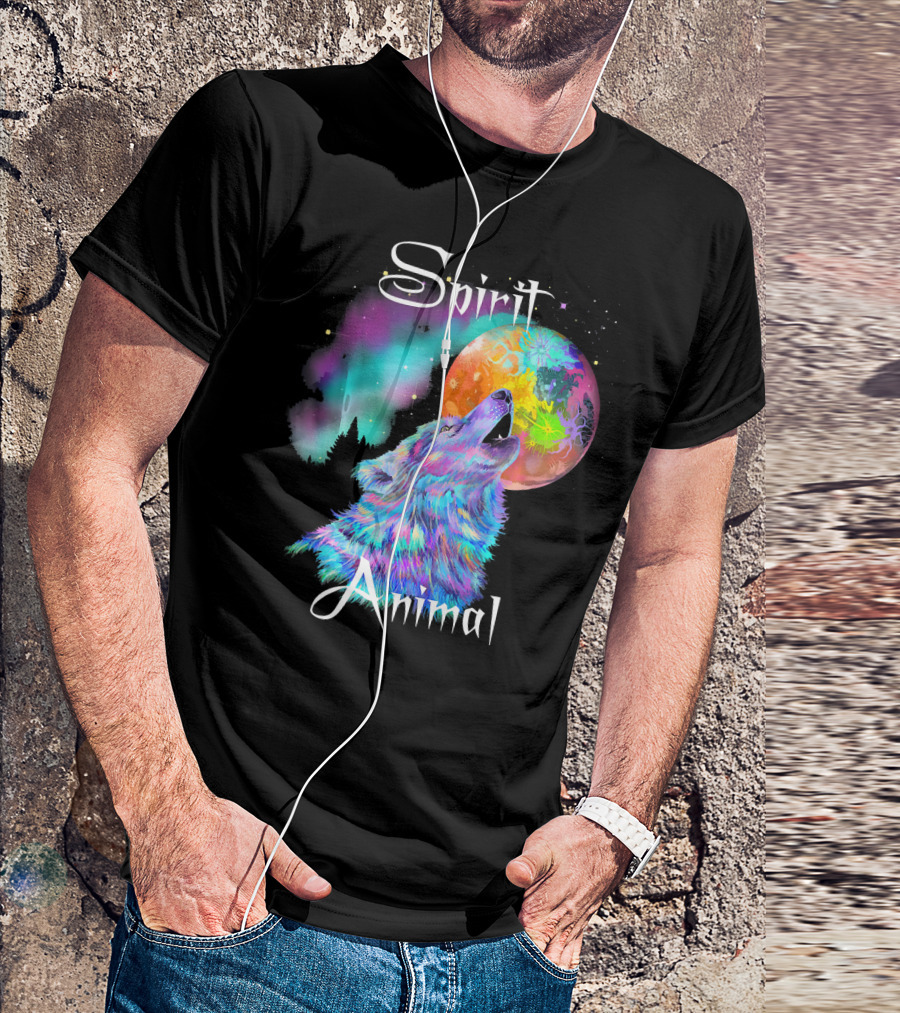 Spirit Animal Colorful Wolf Howling At Moon With Northern Lights Aura T-Shirt