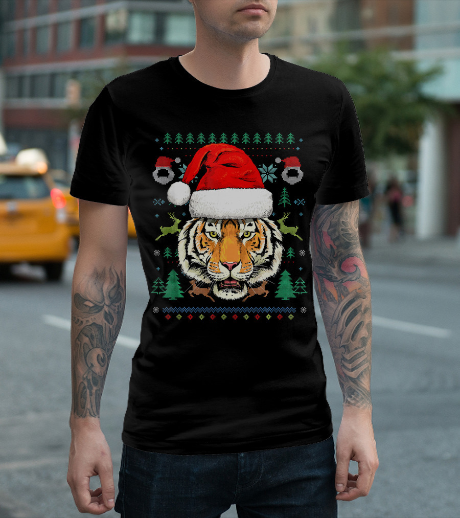 Tiger Santa Hat Reindeer Snowflakes Ugly Christmas T-Shirt