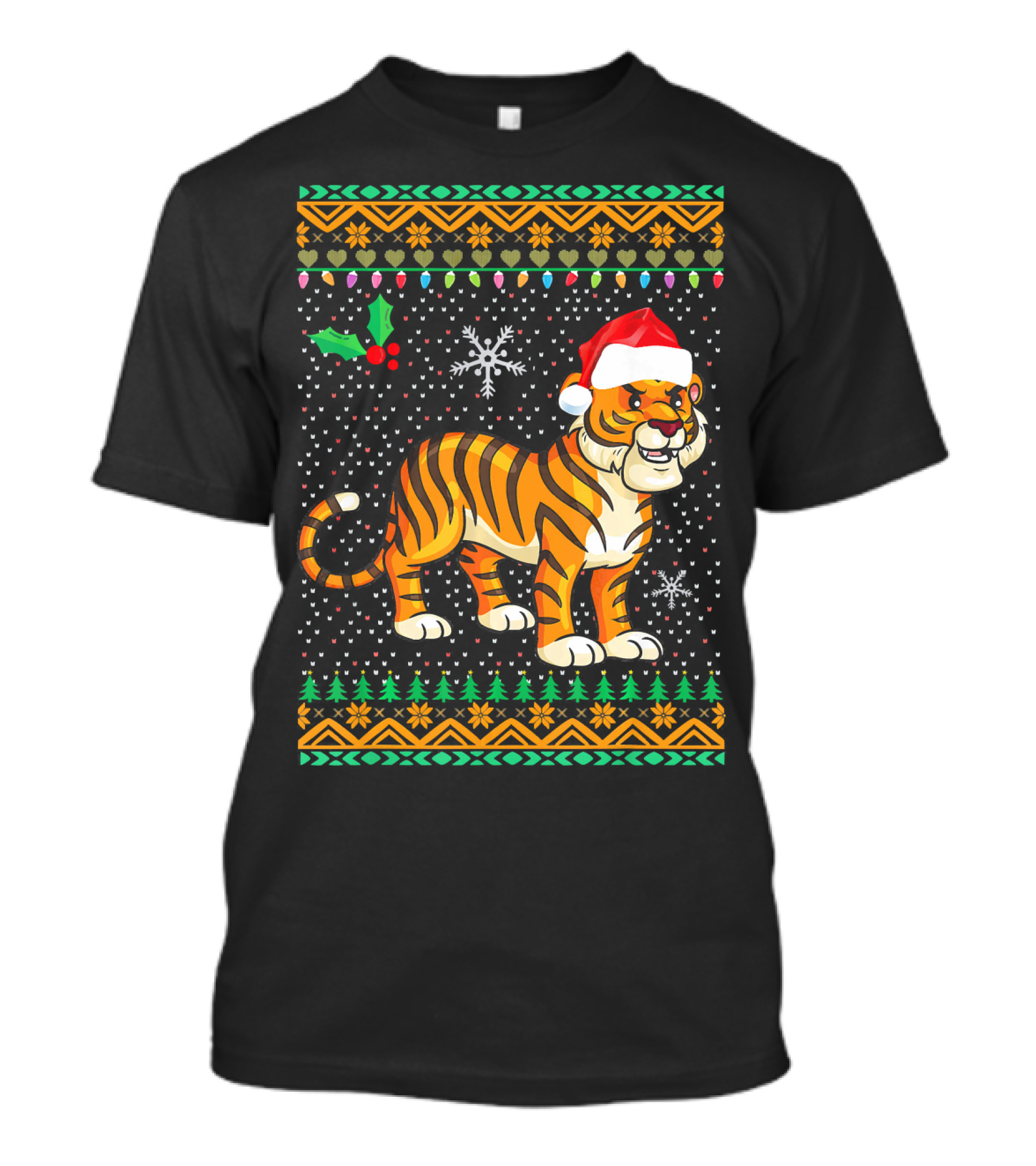 Tiger Ugly Christmas Floral Xmas Santa Hat Snowflakes T-Shirt