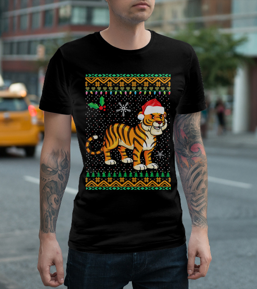 Tiger Ugly Christmas Floral Xmas Santa Hat Snowflakes T-Shirt