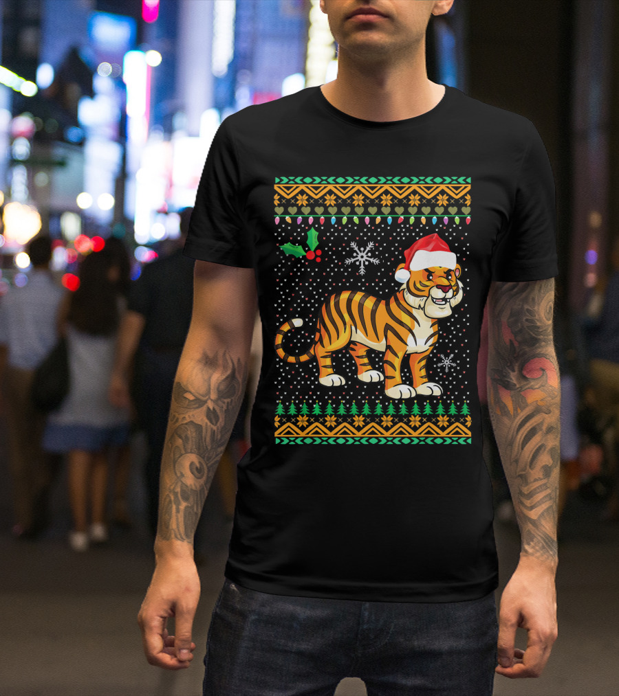 Tiger Ugly Christmas Floral Xmas Santa Hat Snowflakes T-Shirt