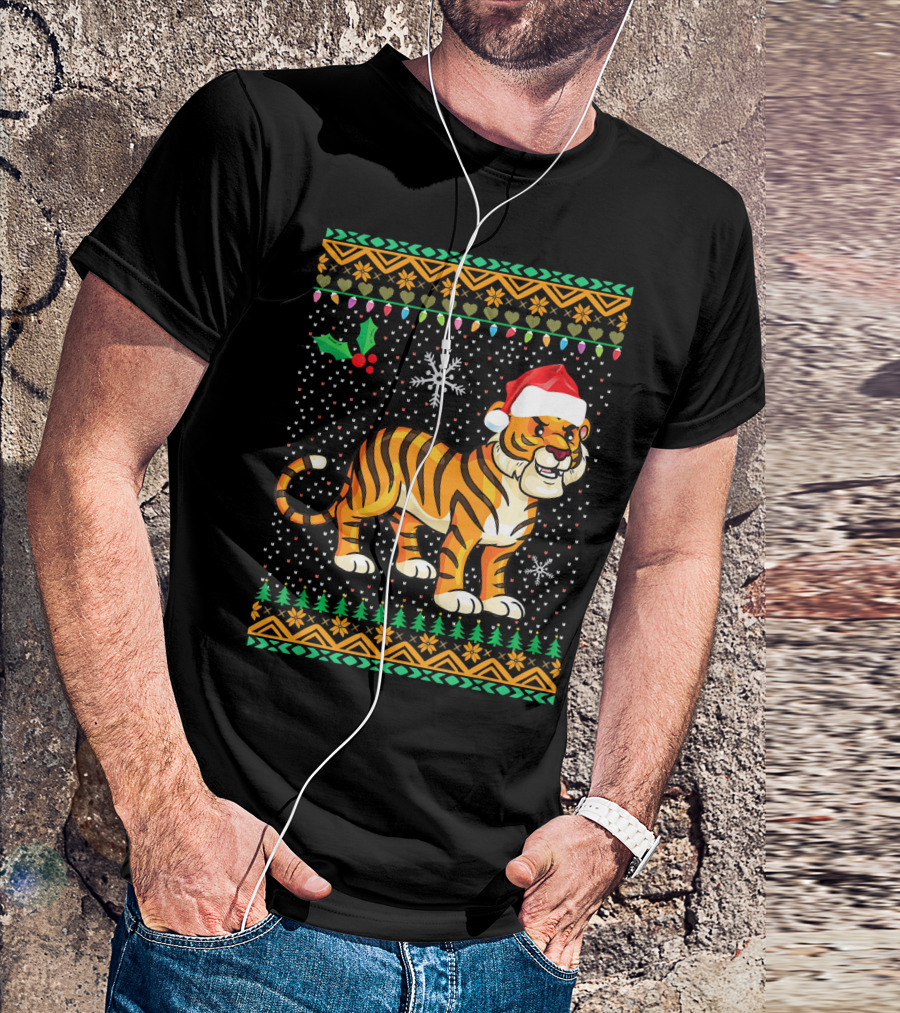 Tiger Ugly Christmas Floral Xmas Santa Hat Snowflakes T-Shirt