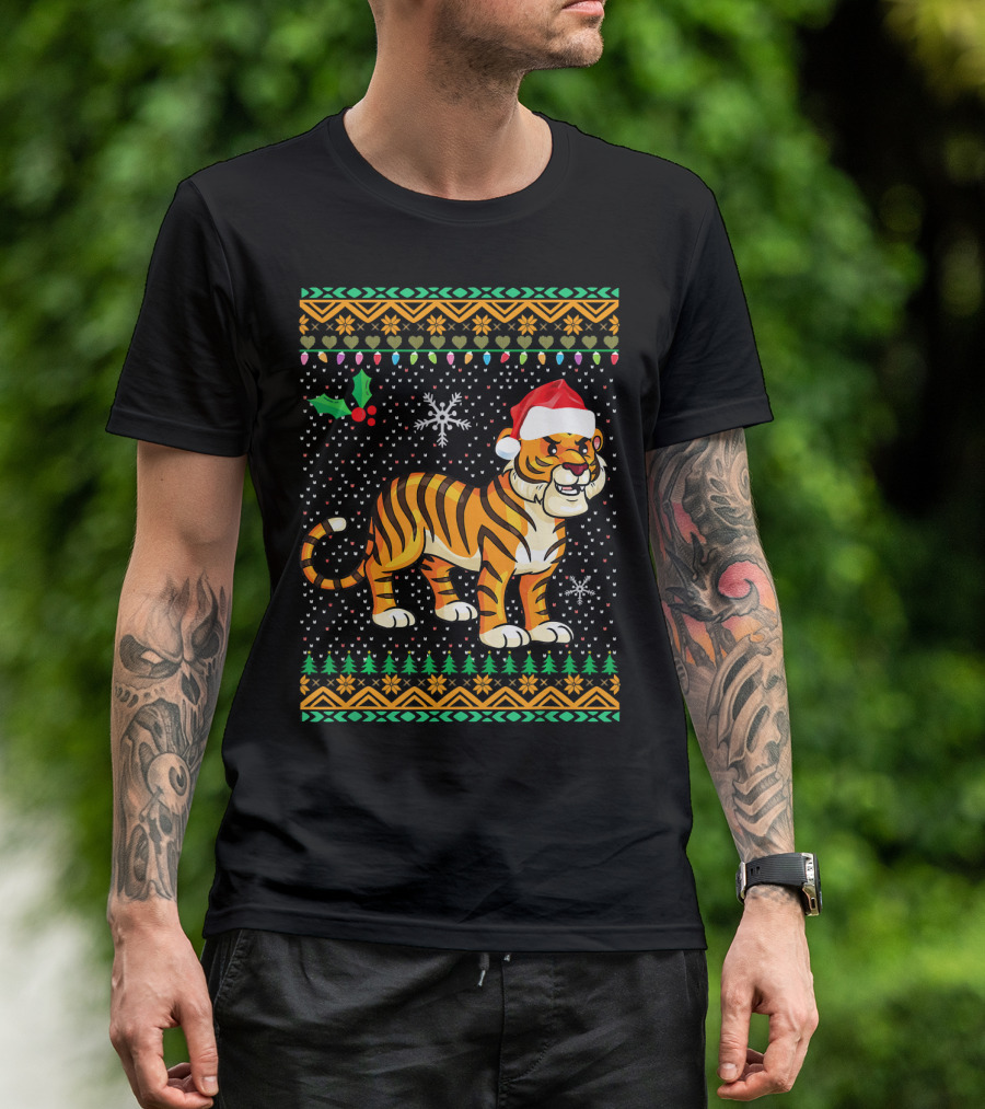Tiger Ugly Christmas Floral Xmas Santa Hat Snowflakes T-Shirt