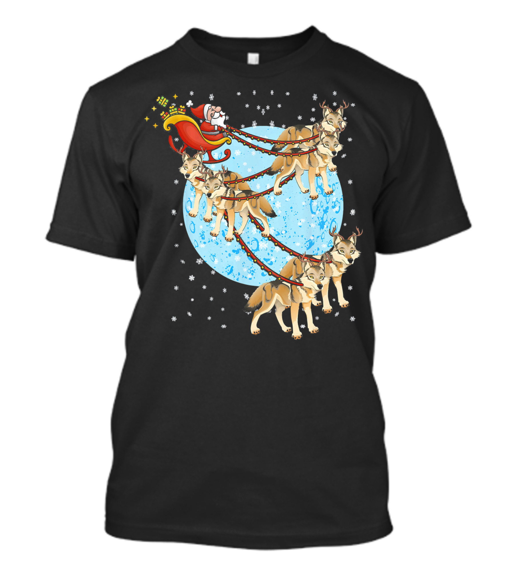 Santa Claus In Sleigh Pulled By Wolves With Reindeer Antlers T-Shirt