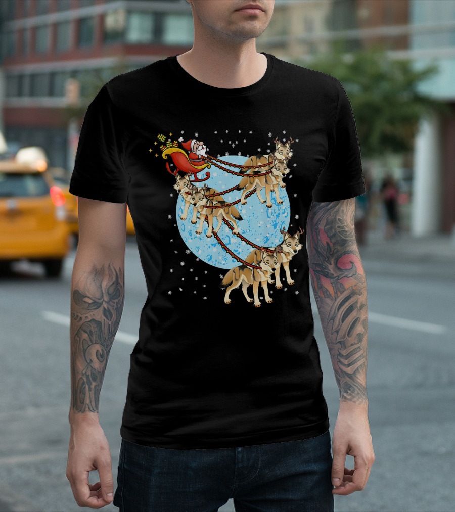 Santa Claus In Sleigh Pulled By Wolves With Reindeer Antlers T-Shirt