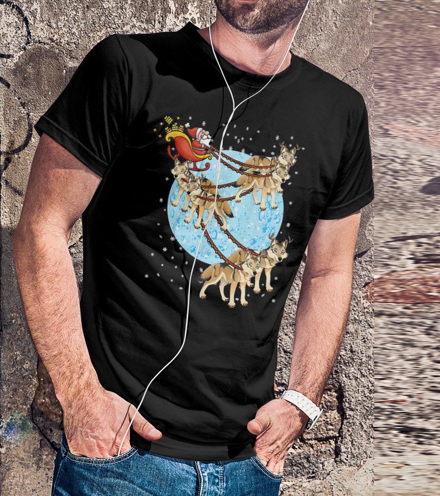 Santa Claus In Sleigh Pulled By Wolves With Reindeer Antlers T-Shirt