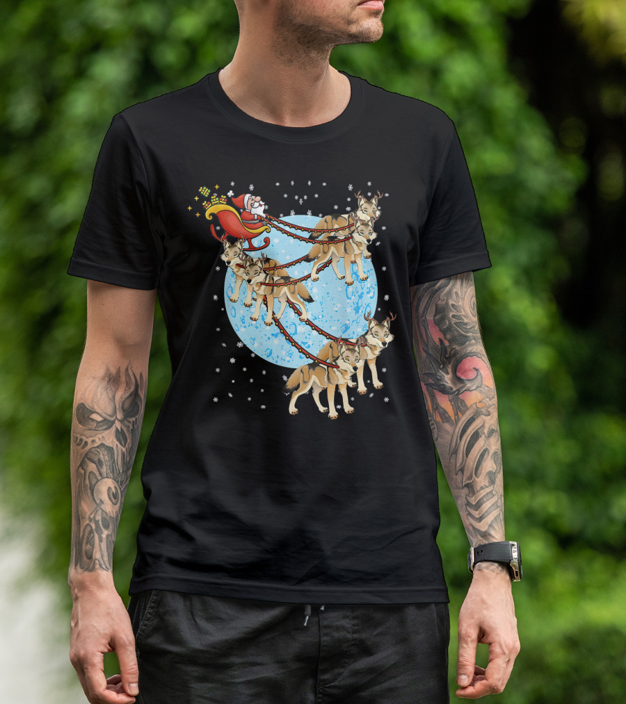 Santa Claus In Sleigh Pulled By Wolves With Reindeer Antlers T-Shirt