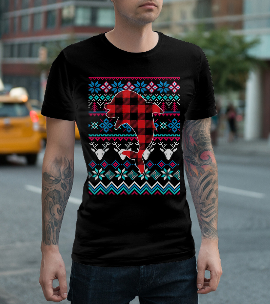 Red Plaid Dolphin Funny Merry Christmas T-Shirt
