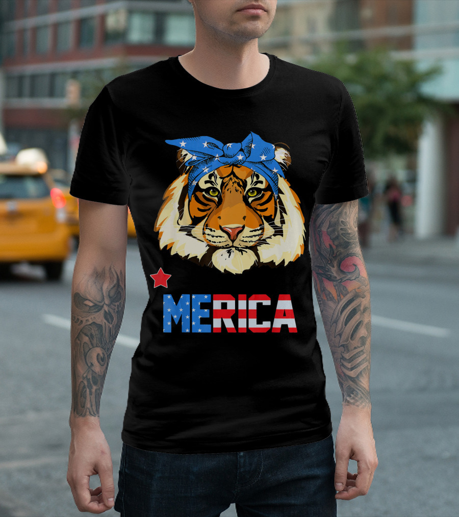 Tiger Mom with Blue Star Bandana Merica Flag T-Shirt