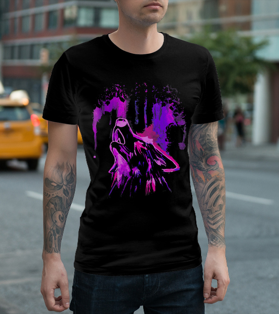 Neon Pink Howling Wolf Under Vibrant Sky T-Shirt