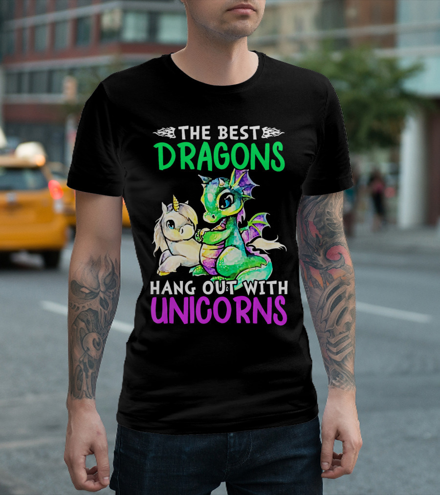 The Best Dragons Hang Out With Unicorns Colorful Cartoon Scene T-Shirt