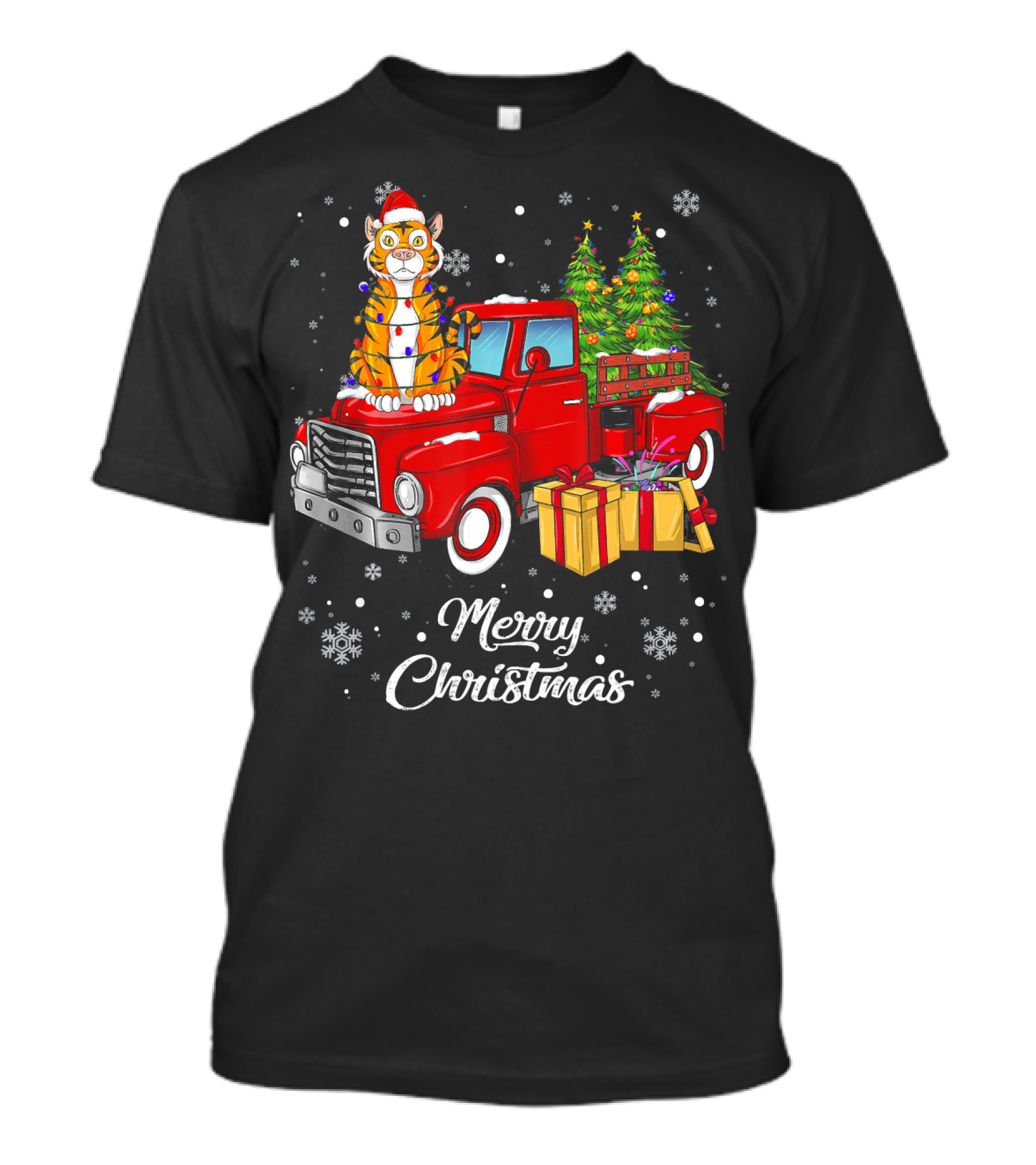 Merry Christmas Tiger On Red Truck With Presents And Christmas Tree T-Shirt