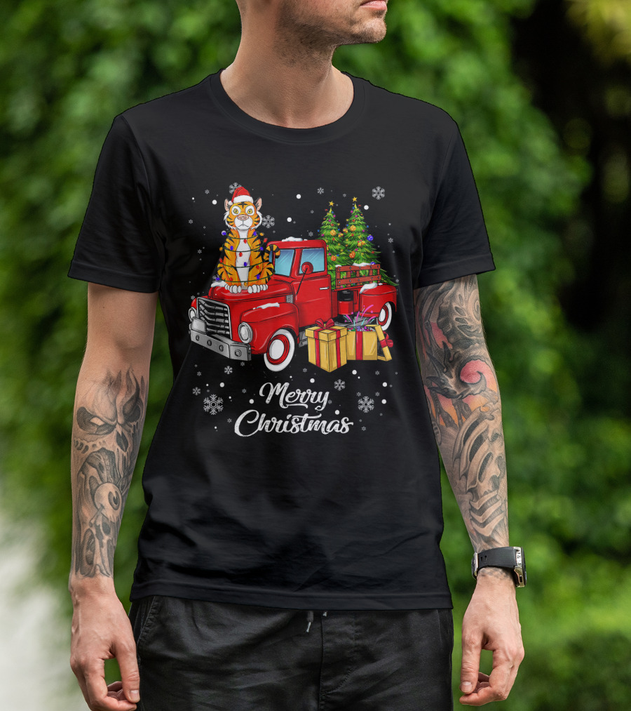 Merry Christmas Tiger On Red Truck With Presents And Christmas Tree T-Shirt