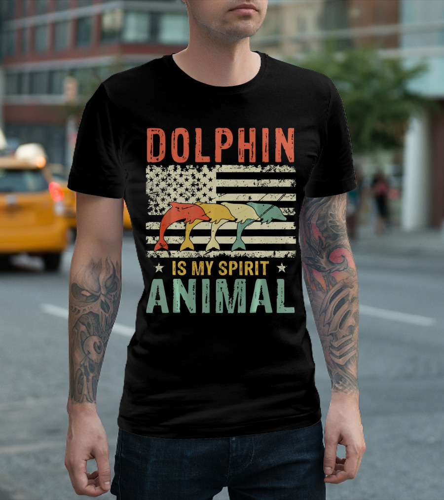 Vintage Dolphin Is My Spirit Animal American Flag T-Shirt