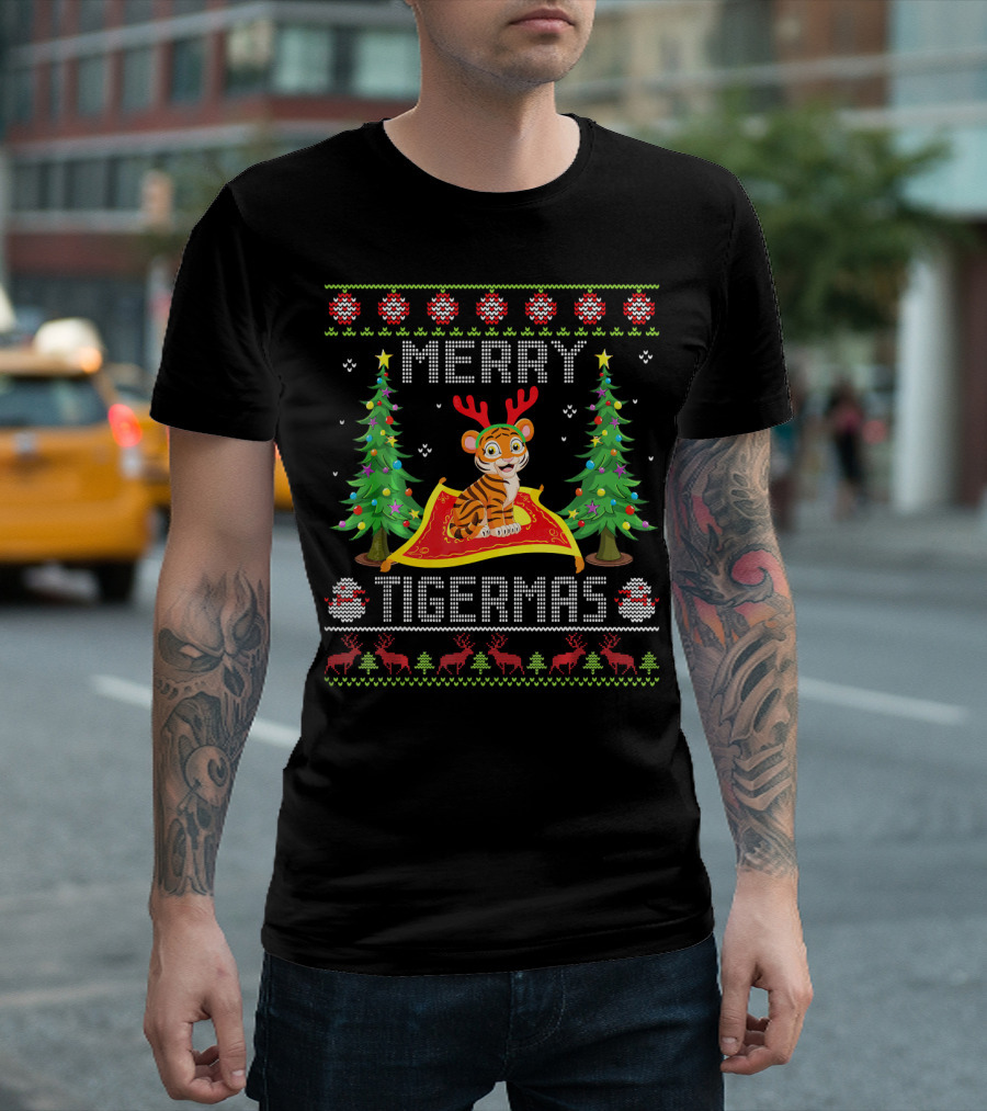 Merry TigerMas Tiger in Xmas Costume on Flying Carpet with Christmas Trees and Reindeer T-Shirt