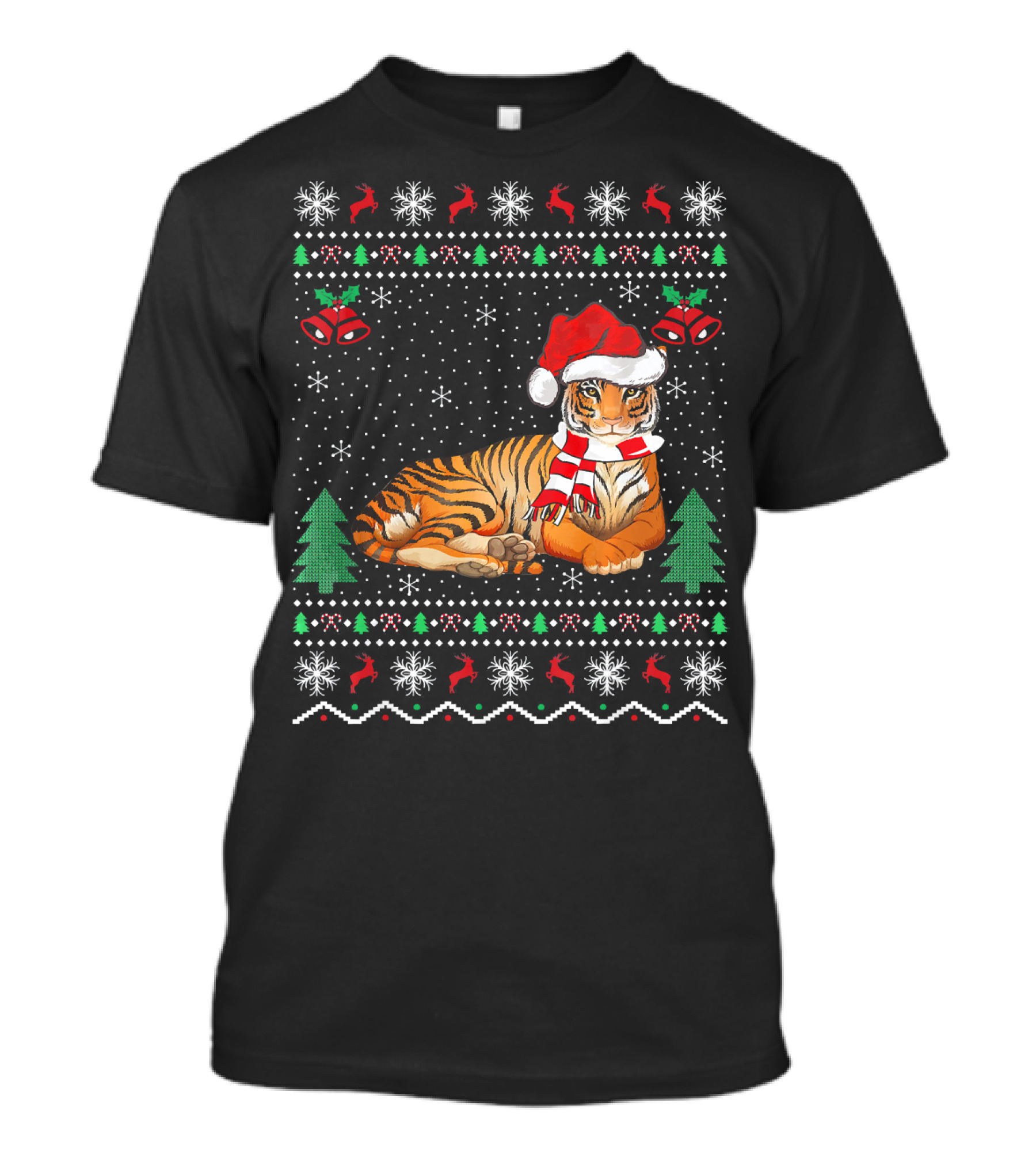 Tigers Lover Xmas Ugly Tiger Sweater Santa Hat Christmas Trees Snowflakes T-Shirt