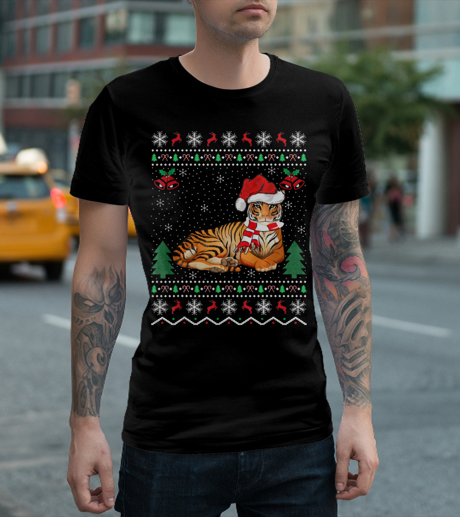 Tigers Lover Xmas Ugly Tiger Sweater Santa Hat Christmas Trees Snowflakes T-Shirt