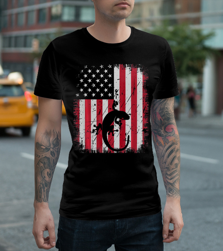 Retro Vintage Leopard Gecko American Flag T-Shirt