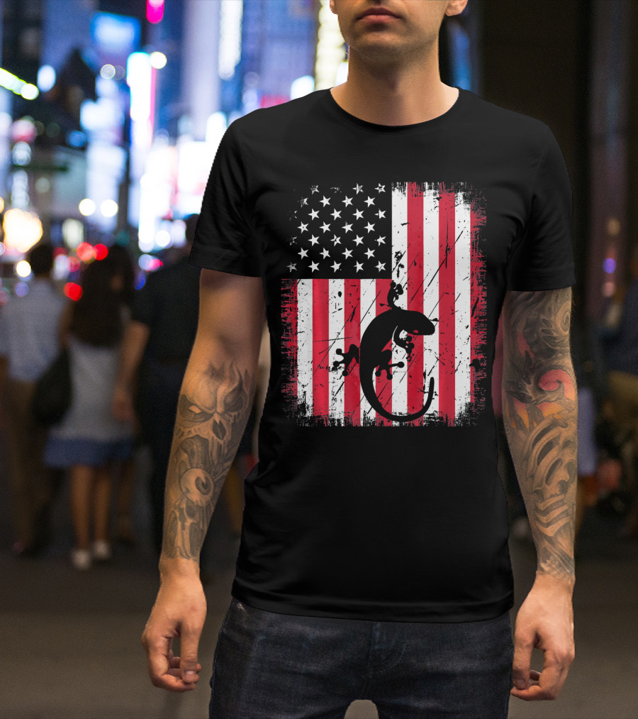 Retro Vintage Leopard Gecko American Flag T-Shirt