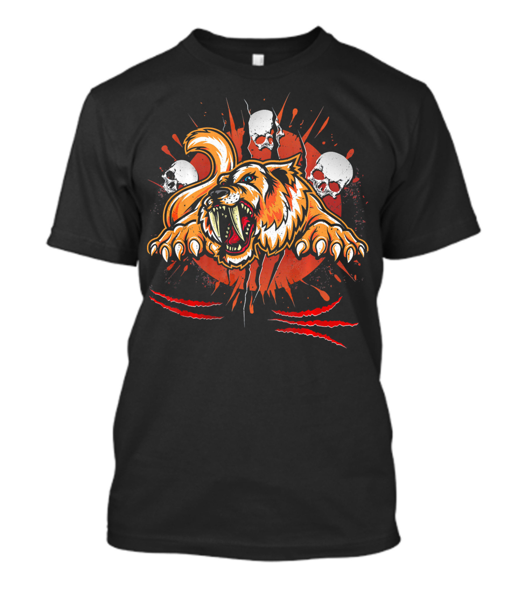 Sabertooth Tiger Claws Roaring With Skulls And Red Splatter Elements Science T-Shirt