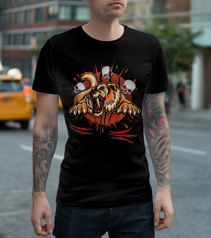 Sabertooth Tiger Claws Roaring With Skulls And Red Splatter Elements Science T-Shirt