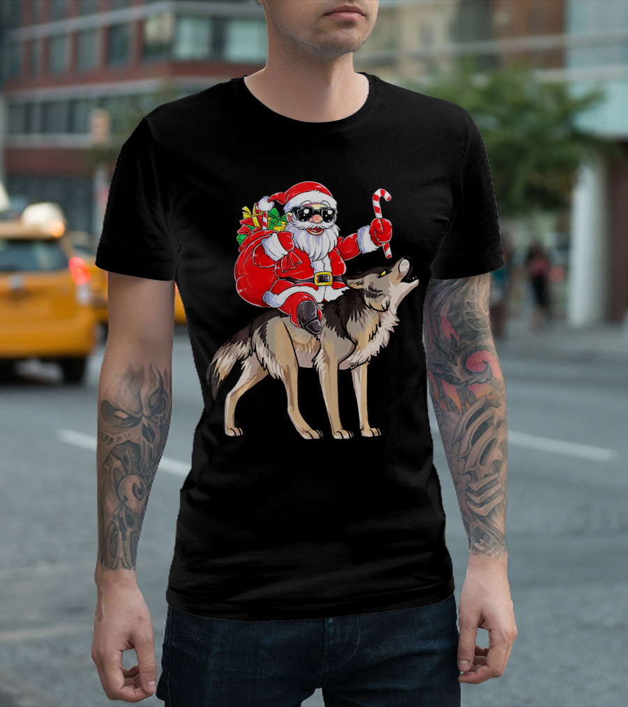 Santa Claus with Sunglasses Riding Wolf Holding Candy Cane T-Shirt