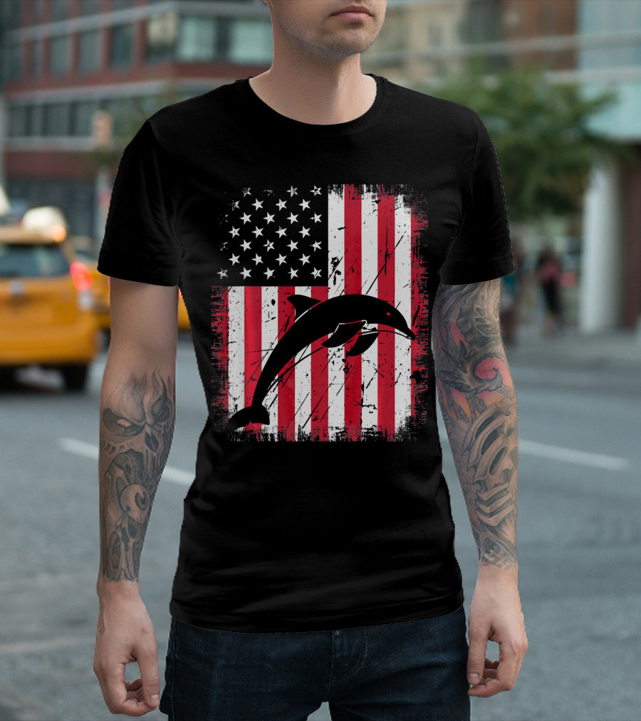 Retro Vintage Dolphin American Flag Graphics with Patriotic T-Shirt