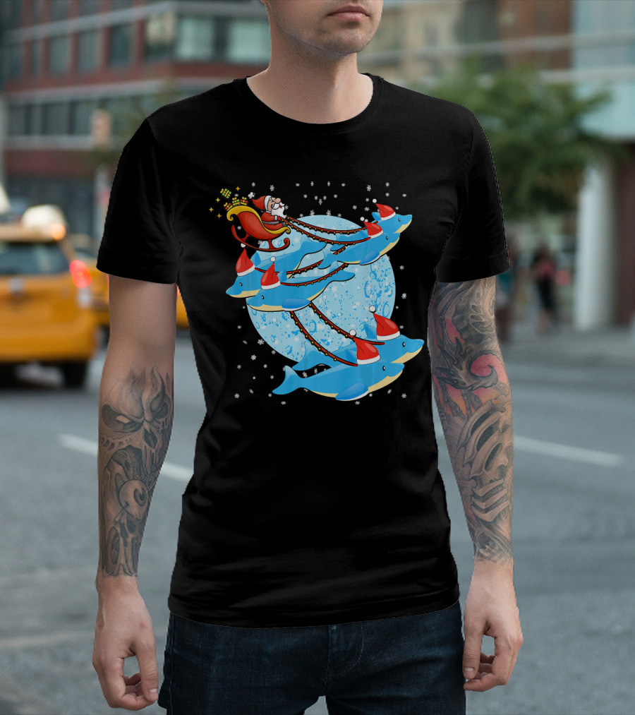 Santa Riding Dolphins Sleigh Christmas Fun T-Shirt