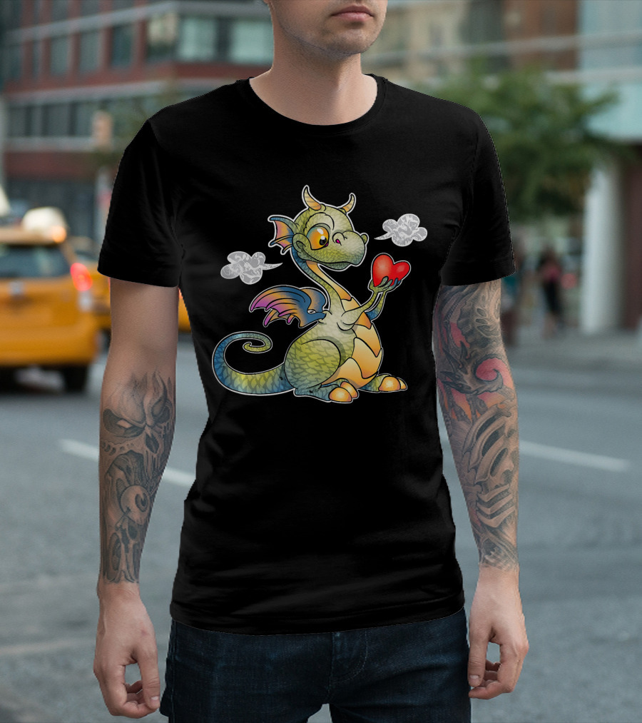 Valentine's Day Cute Dragon Holding a Heart Balloon with Clouds T-Shirt