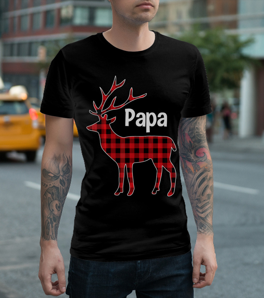Red Plaid Buffalo Check Papa Reindeer Deer Chr T-Shirt