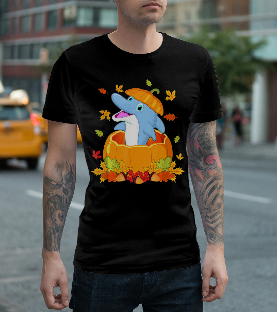 Thanksgiving Dolphin with Pumpkin Hat Surrounded by Autumn Leaves T-Shirt