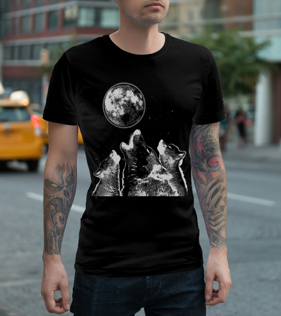 Three Wolf Moon Howling at Full Moon Night Sky T-Shirt