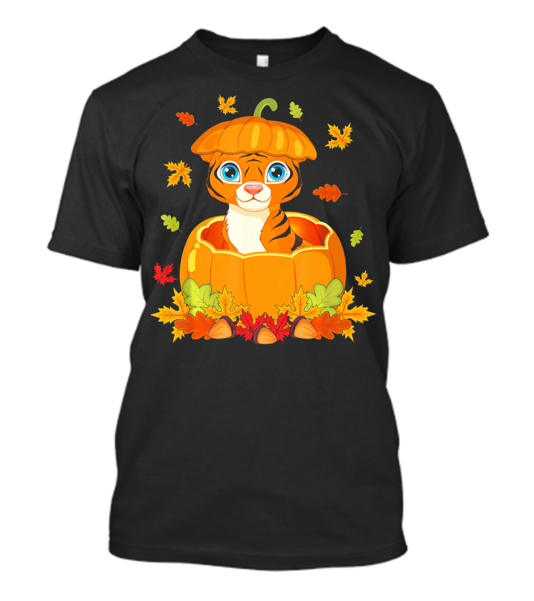 Thanksgiving Cute Tiger In Pumpkin Surrounded By Autumn Leaves T-Shirt