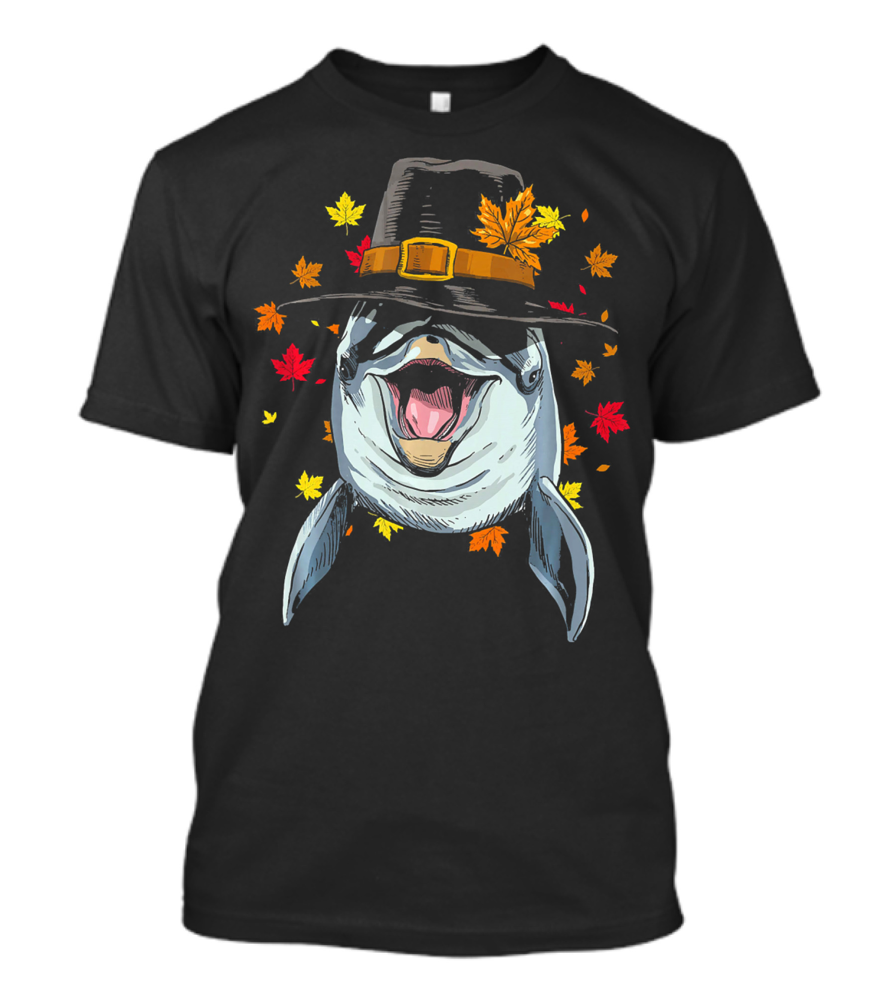 Thanksgiving Dolphin Wearing Pilgrim Hat With Autumn Leaves T-Shirt