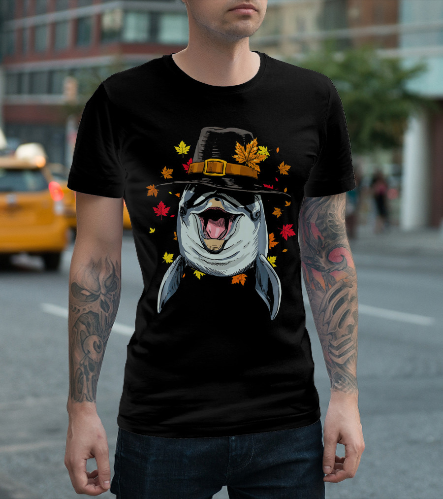 Thanksgiving Dolphin Wearing Pilgrim Hat With Autumn Leaves T-Shirt