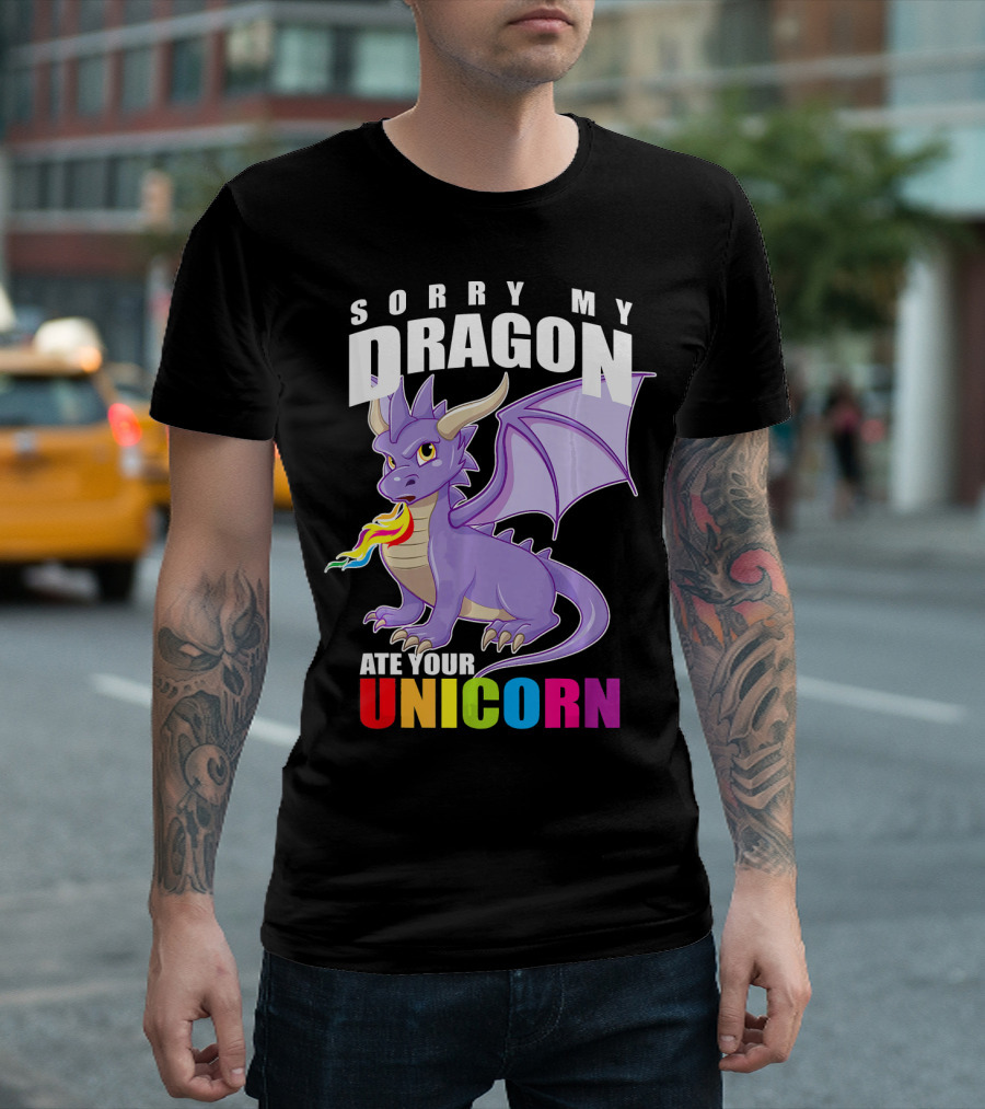 SORRY MY DRAGON ATE YOUR UNICORN ANGRY PURPLE DRAGON WITH RAINBOW FLAME TEXT T-Shirt