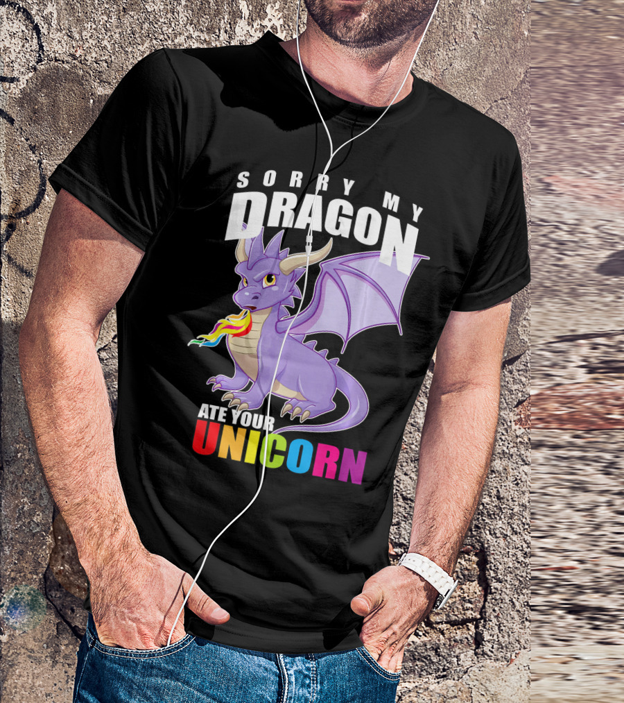SORRY MY DRAGON ATE YOUR UNICORN ANGRY PURPLE DRAGON WITH RAINBOW FLAME TEXT T-Shirt