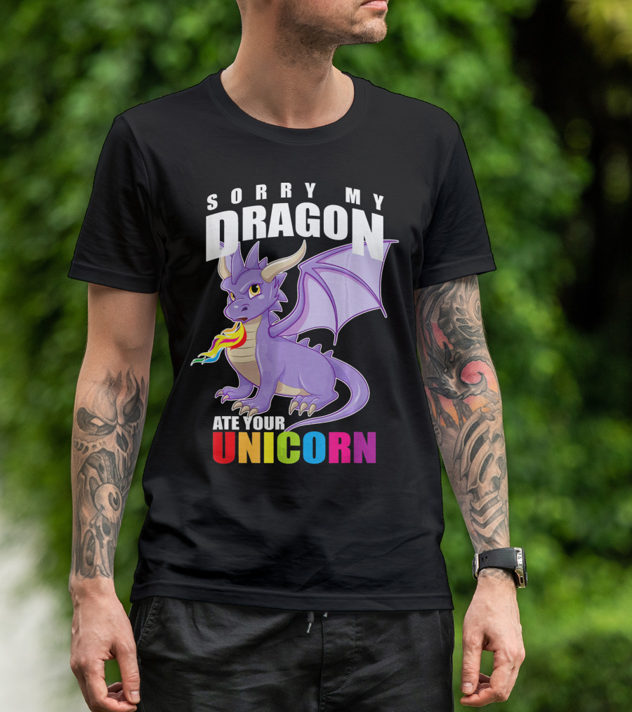 SORRY MY DRAGON ATE YOUR UNICORN ANGRY PURPLE DRAGON WITH RAINBOW FLAME TEXT T-Shirt