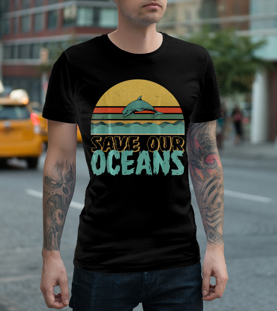Save Our Oceans Jumping Dolphin Retro Style Climate Conservation T-Shirt